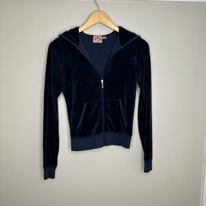 Juicy Couture Women's Vintage Viva La Juicy Black Velour Hoodie Jacket Small Y2K